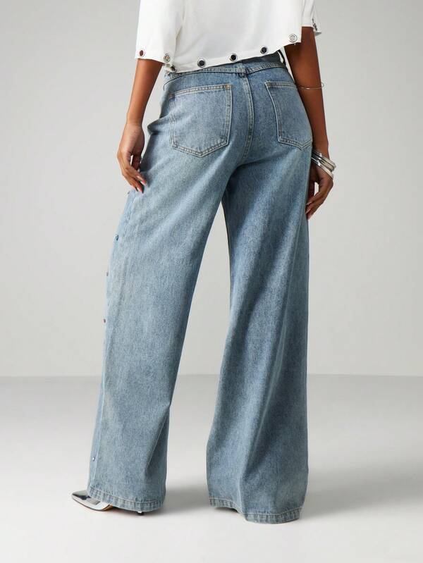 MISSGUIDED Gem Detail Wide Leg Jeans
