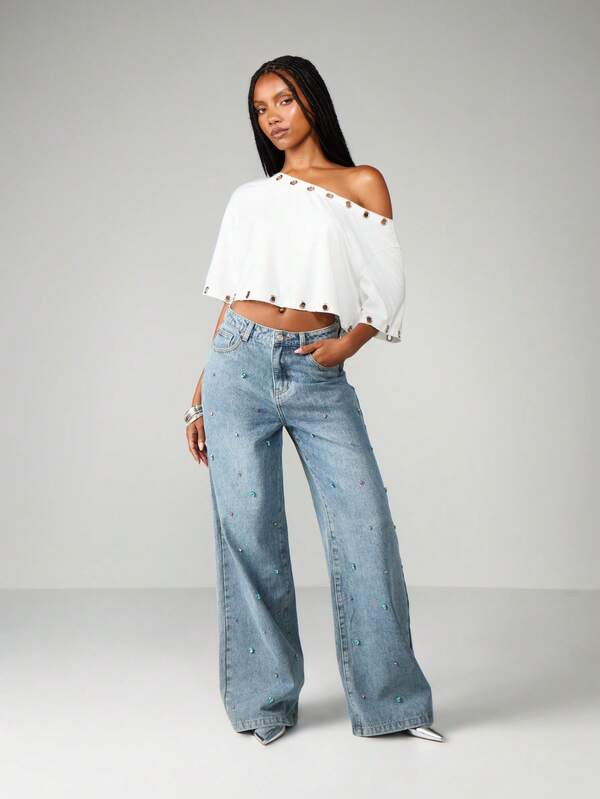 MISSGUIDED Gem Detail Wide Leg Jeans