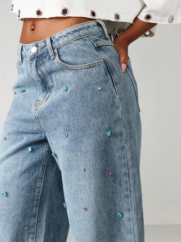 MISSGUIDED Gem Detail Wide Leg Jeans