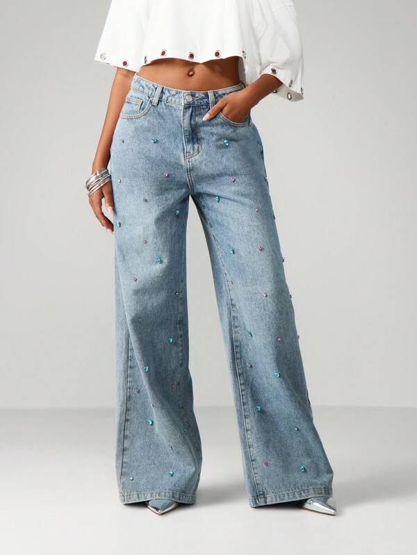 MISSGUIDED Gem Detail Wide Leg Jeans