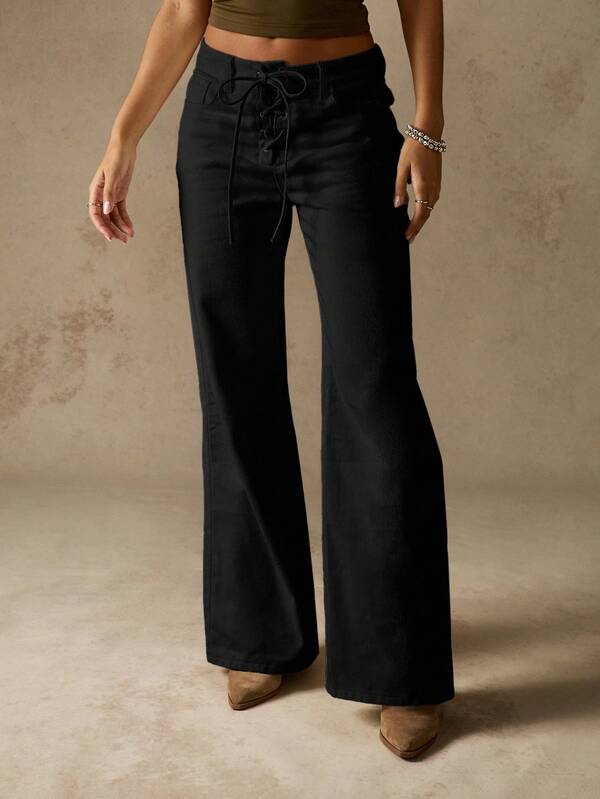 MISSGUIDED Lace Up Wide Leg Denim Jeans