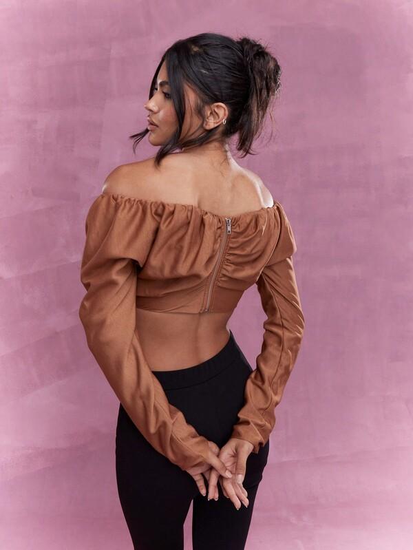 MISSGUIDED Long Sleeve Bardot Crop Top