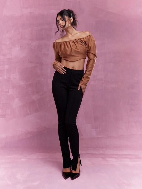 MISSGUIDED Long Sleeve Bardot Crop Top