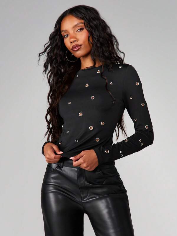 MISSGUIDED Long Sleeve Eyelet T-Shirt