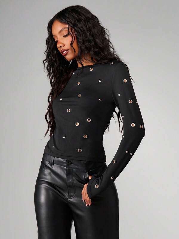MISSGUIDED Long Sleeve Eyelet T-Shirt