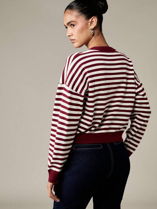 MISSGUIDED MISSGUIDED PLUS Burgundy Striped Button Front Cropped Cardigan With Ribbed Trim