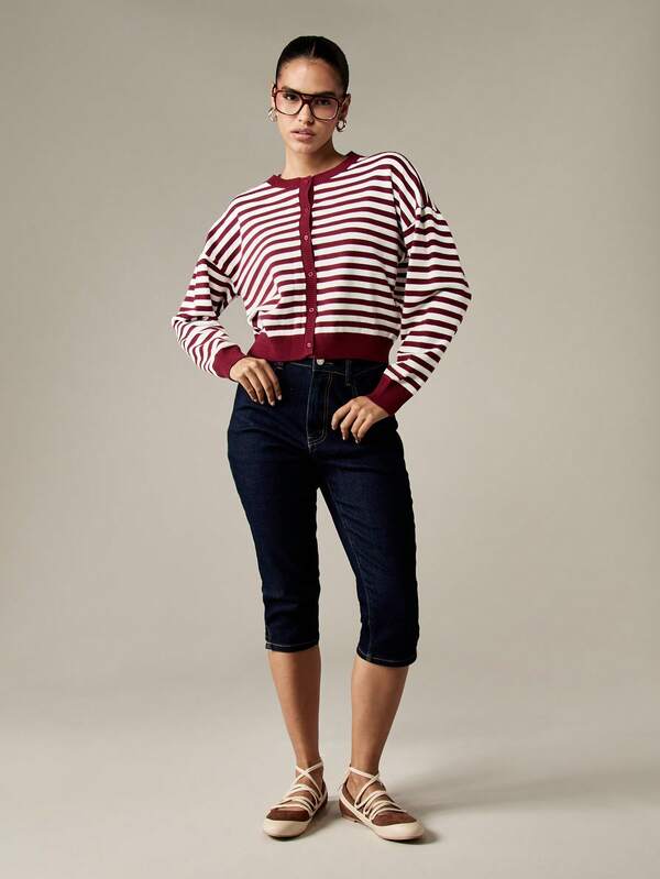 MISSGUIDED MISSGUIDED PLUS Burgundy Striped Button Front Cropped Cardigan With Ribbed Trim