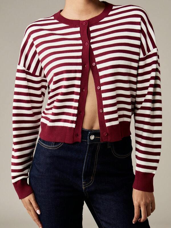 MISSGUIDED MISSGUIDED PLUS Burgundy Striped Button Front Cropped Cardigan With Ribbed Trim