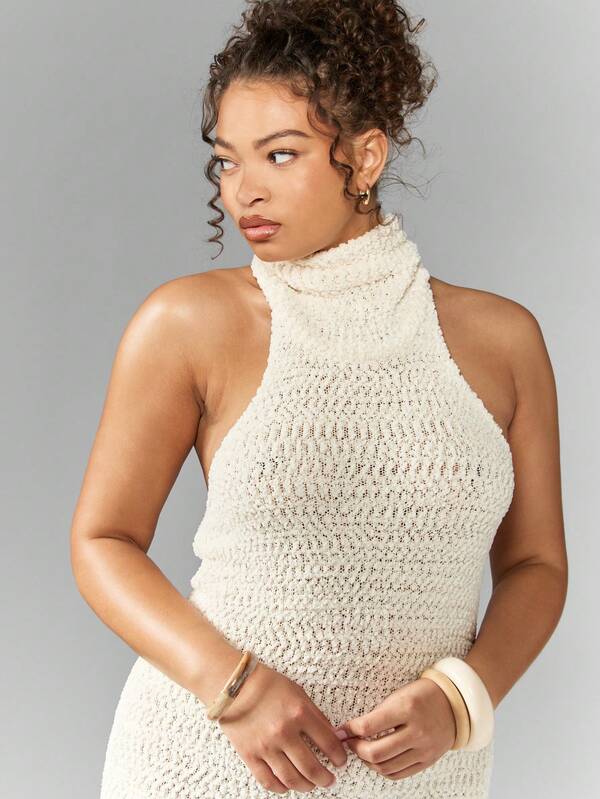 MISSGUIDED MISSGUIDED PLUS Crochet Knit Turtle Neck Textured Racer Bodycon Mini Dress