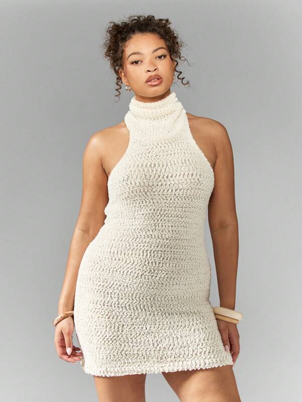 MISSGUIDED MISSGUIDED PLUS Crochet Knit Turtle Neck Textured Racer Bodycon Mini Dress