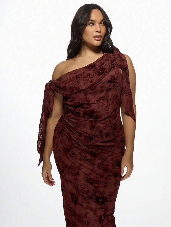 MISSGUIDED MISSGUIDED PLUS Elegant One-Shoulder Velvet Ruched Maxi Plus Size Dresses