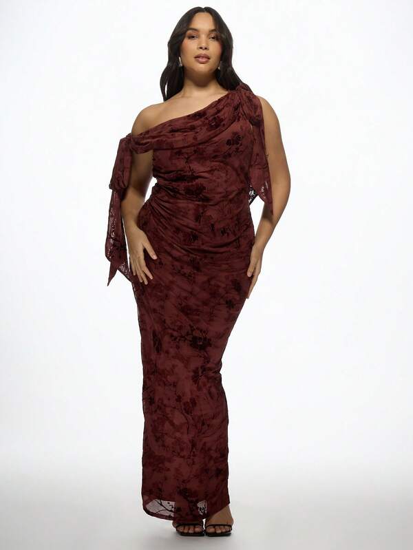 MISSGUIDED MISSGUIDED PLUS Elegant One-Shoulder Velvet Ruched Maxi Plus Size Dresses