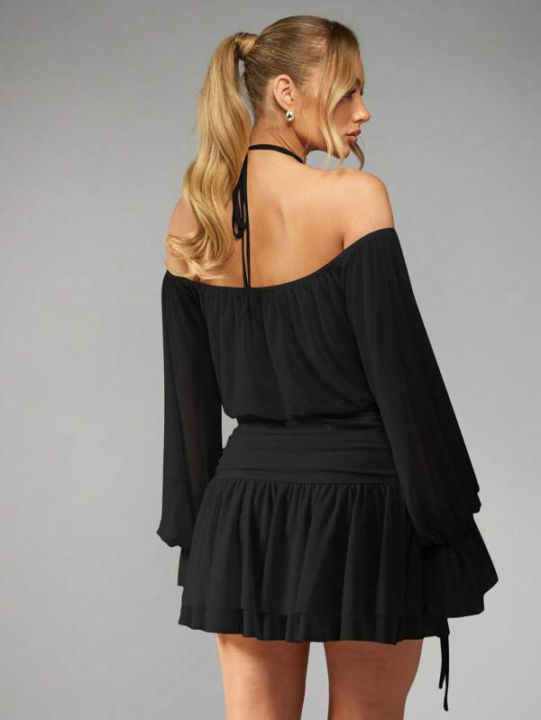 MISSGUIDED MISSGUIDED PLUS Plus Size Halter Neck Balloon Sleeve Mini Dress Ruched Waist Elegant