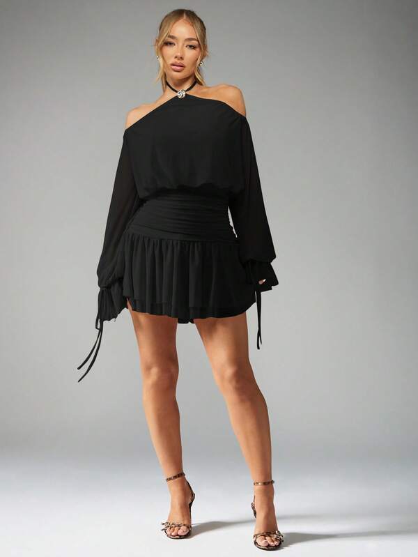 MISSGUIDED MISSGUIDED PLUS Plus Size Halter Neck Balloon Sleeve Mini Dress Ruched Waist Elegant