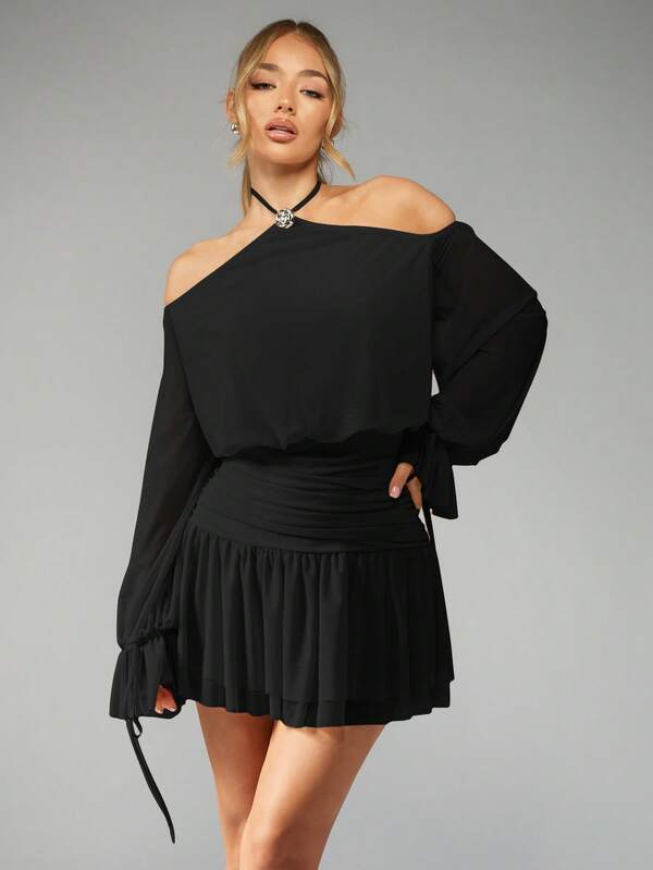 MISSGUIDED MISSGUIDED PLUS Plus Size Halter Neck Balloon Sleeve Mini Dress Ruched Waist Elegant