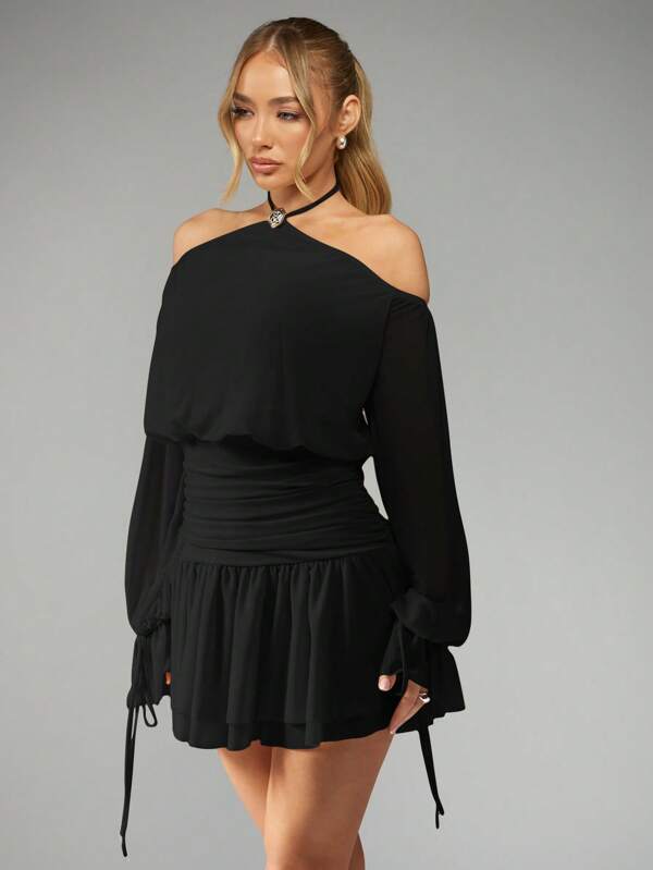 MISSGUIDED MISSGUIDED PLUS Plus Size Halter Neck Balloon Sleeve Mini Dress Ruched Waist Elegant