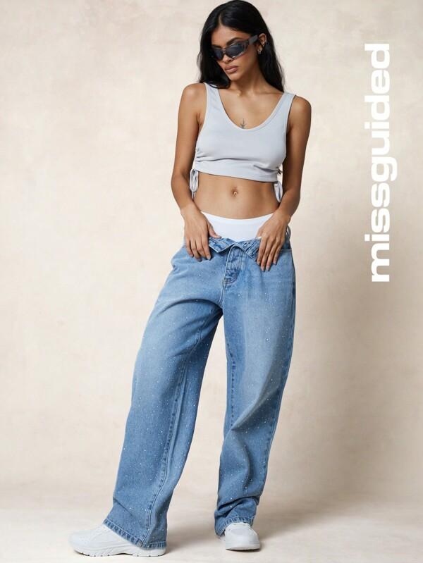 MISSGUIDED Rhinestone Baggy Fit Jeans