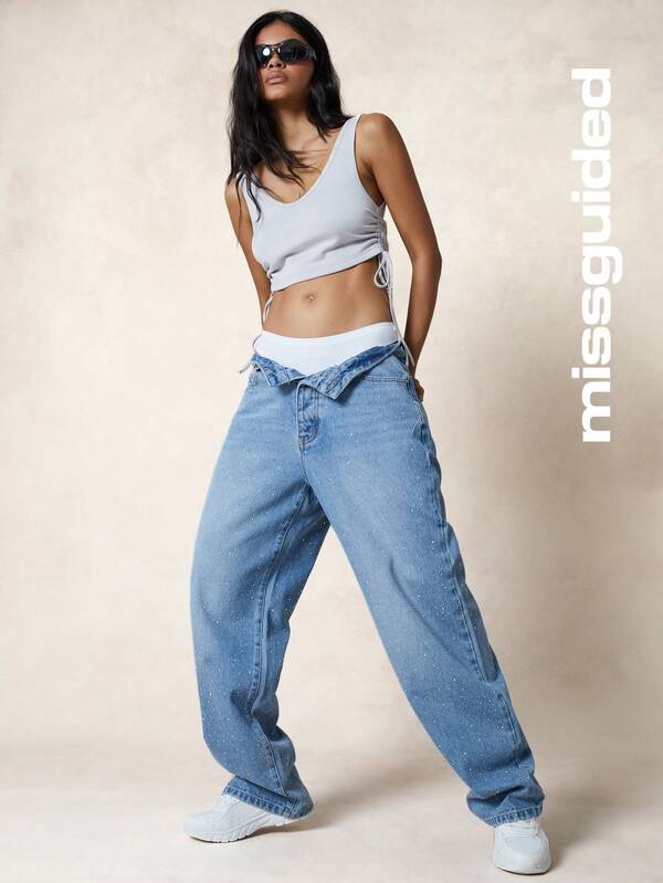MISSGUIDED Rhinestone Baggy Fit Jeans