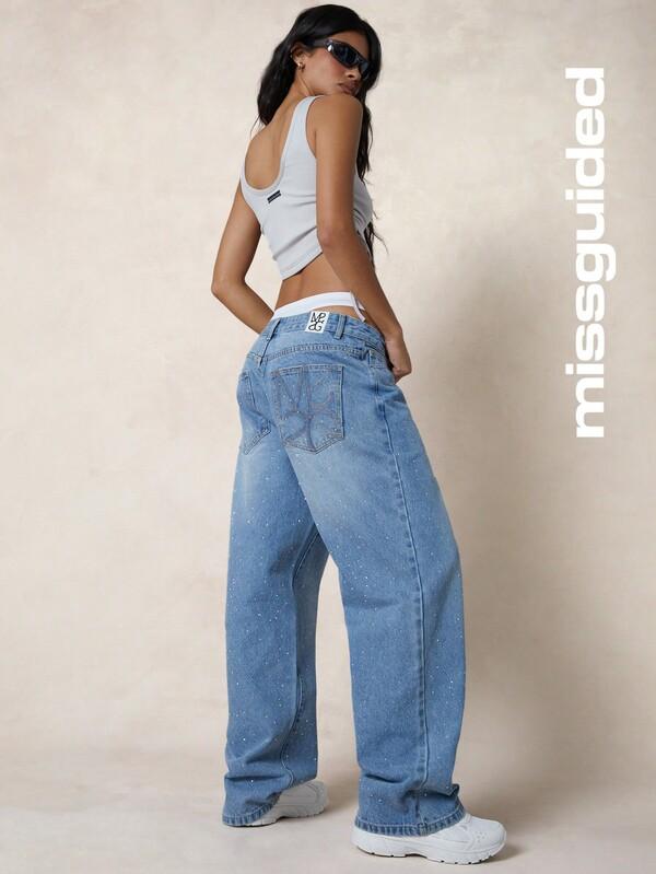 MISSGUIDED Rhinestone Baggy Fit Jeans