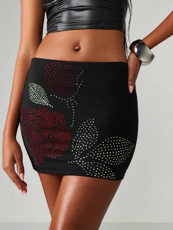 MISSGUIDED Rhinestone Rose Mini Skirt