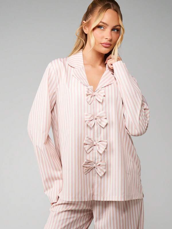 MISSGUIDED Striped Bow Front Pajama Set