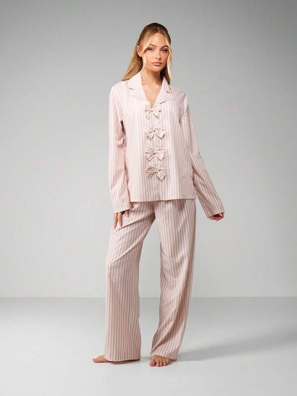 MISSGUIDED Striped Bow Front Pajama Set