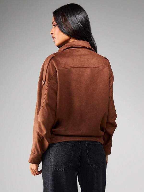 MISSGUIDED Suede Half Zip Bomber Jacket