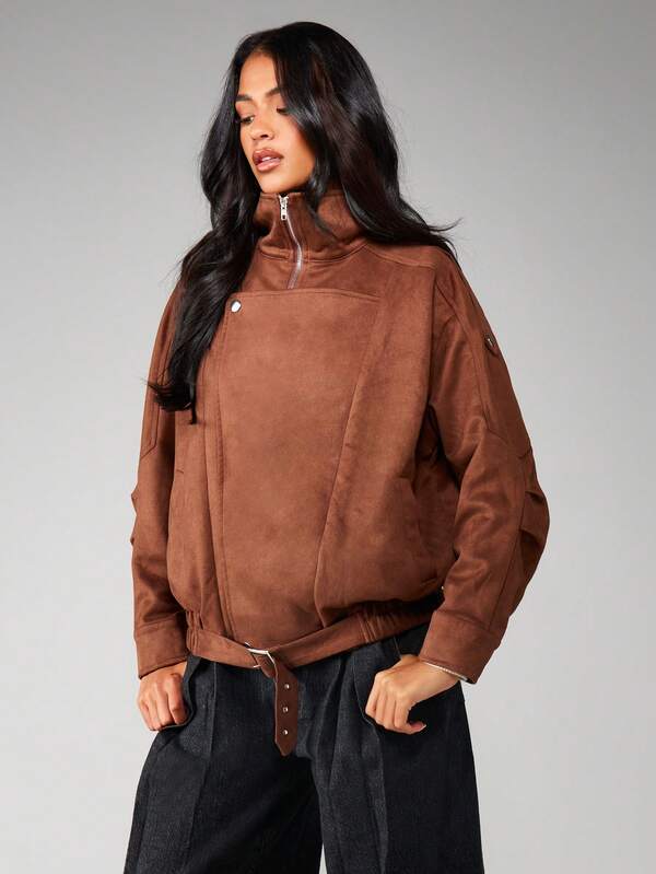 MISSGUIDED Suede Half Zip Bomber Jacket
