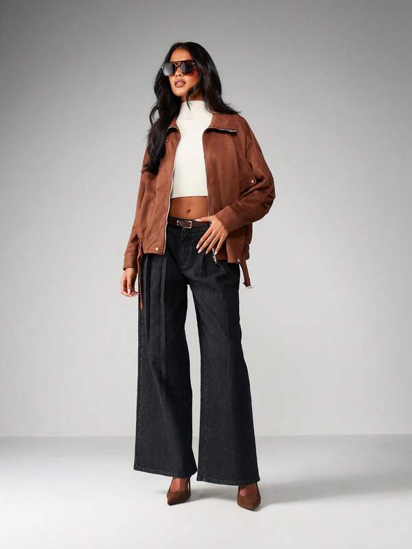 MISSGUIDED Suede Half Zip Bomber Jacket