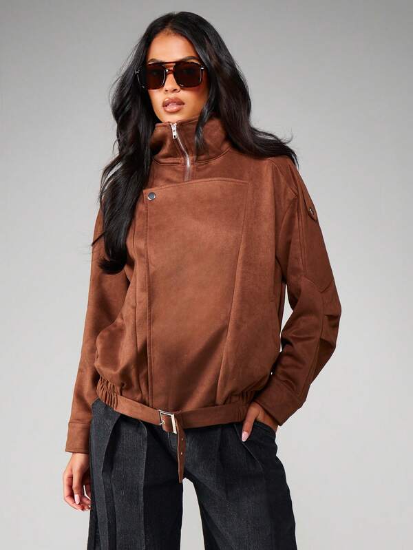 MISSGUIDED Suede Half Zip Bomber Jacket
