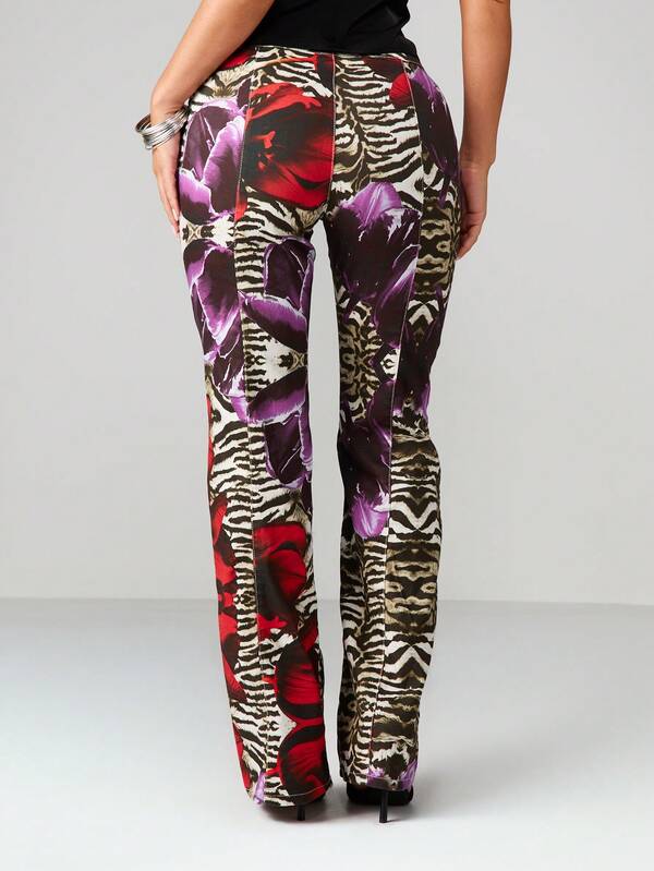 MISSGUIDED Mixed Animal Print Lace Up Flare Jeans