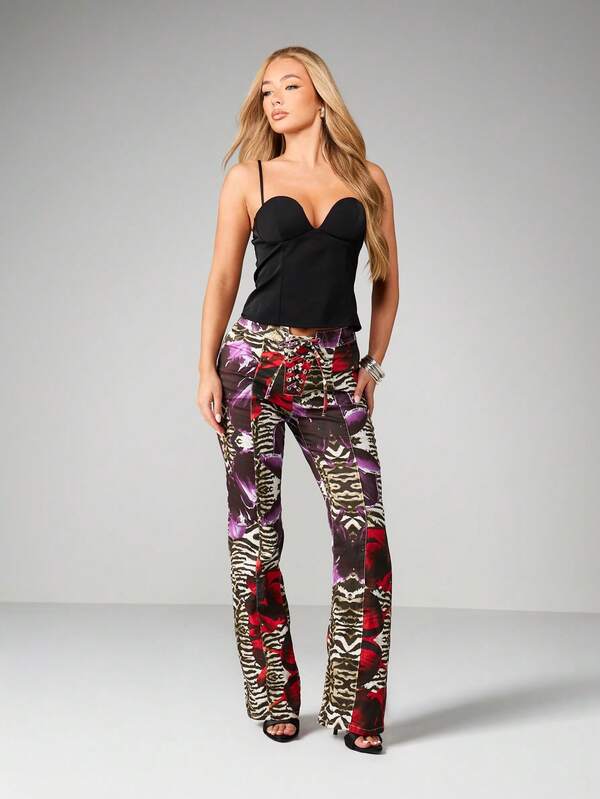 MISSGUIDED Mixed Animal Print Lace Up Flare Jeans