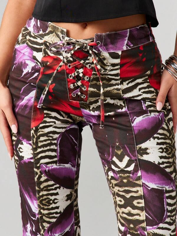 MISSGUIDED Mixed Animal Print Lace Up Flare Jeans
