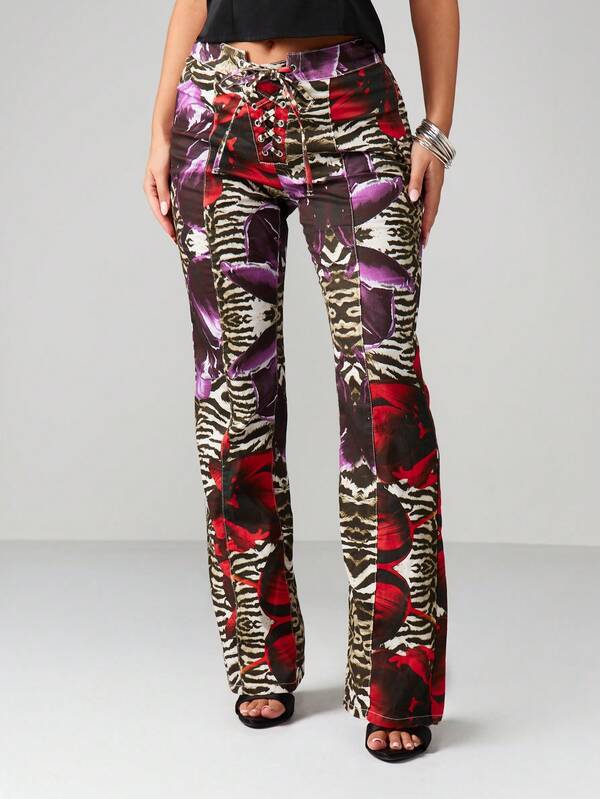 MISSGUIDED Mixed Animal Print Lace Up Flare Jeans
