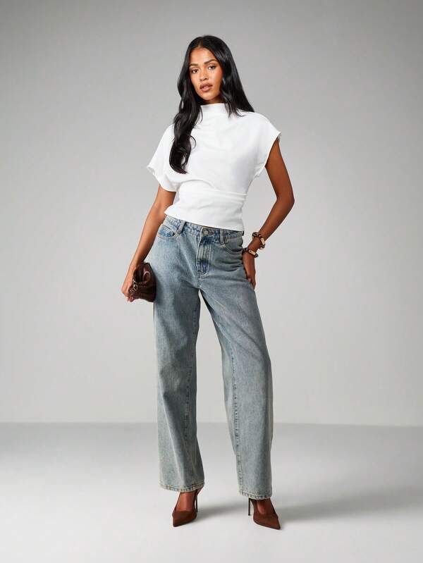 MISSGUIDED Mock Neck Boxy Knit Top With Cuffed Sleeves
