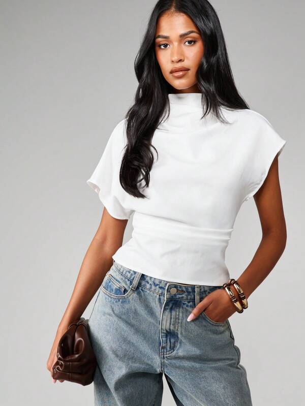 MISSGUIDED Mock Neck Boxy Knit Top With Cuffed Sleeves