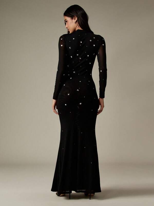 MISSGUIDED Mock Neck Studded Mermaid Dress With Mesh Sleeves