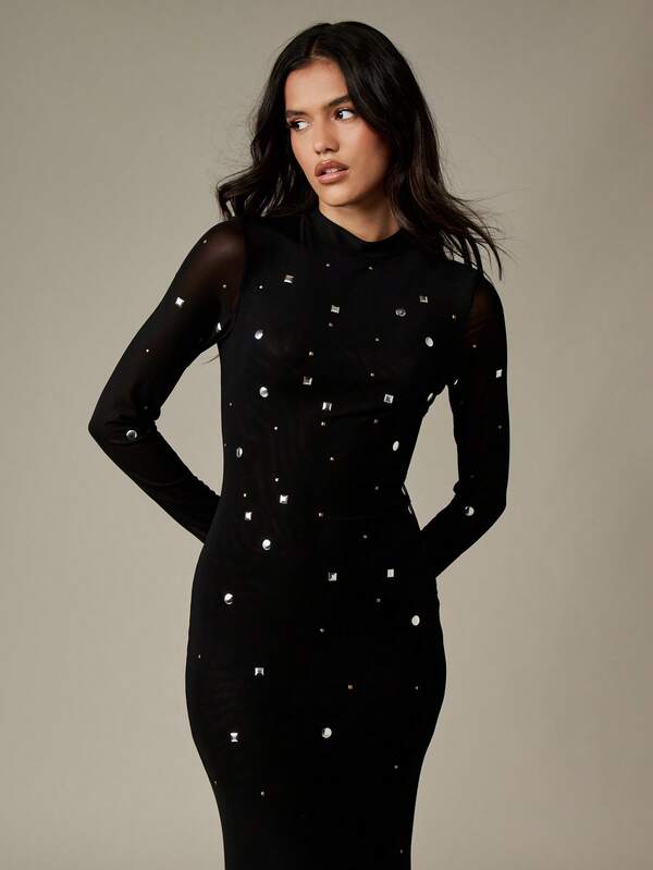 MISSGUIDED Mock Neck Studded Mermaid Dress With Mesh Sleeves
