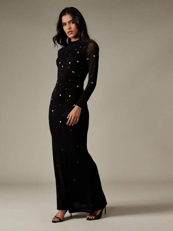 MISSGUIDED Mock Neck Studded Mermaid Dress With Mesh Sleeves