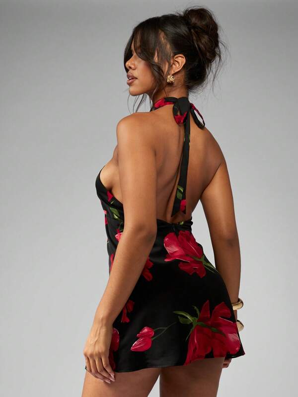 MISSGUIDED Modern Floral Halter Twist Front Sleeveless Short Mini Dress