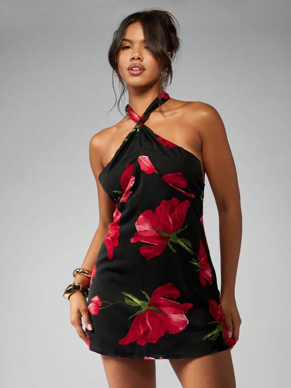 MISSGUIDED Modern Floral Halter Twist Front Sleeveless Short Mini Dress