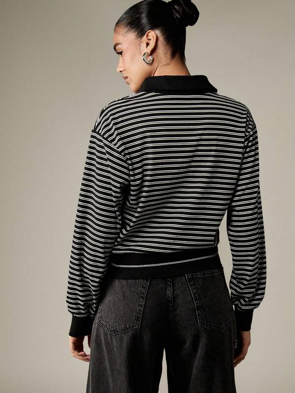 MISSGUIDED Monochrome Striped Sweatshirt With Polo Collar