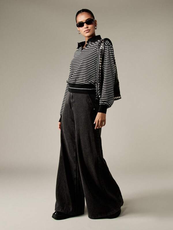 MISSGUIDED Monochrome Striped Sweatshirt With Polo Collar