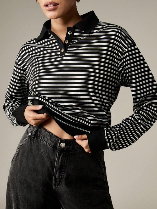 MISSGUIDED Monochrome Striped Sweatshirt With Polo Collar