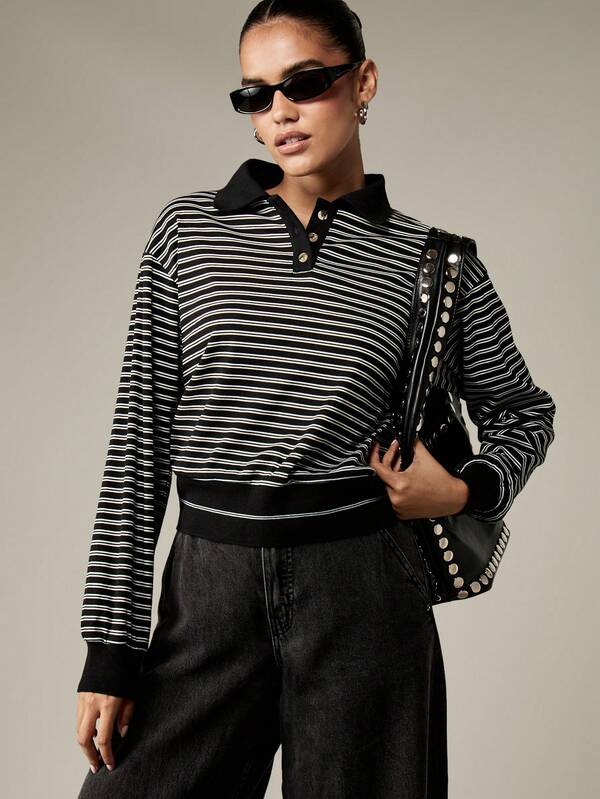MISSGUIDED Monochrome Striped Sweatshirt With Polo Collar