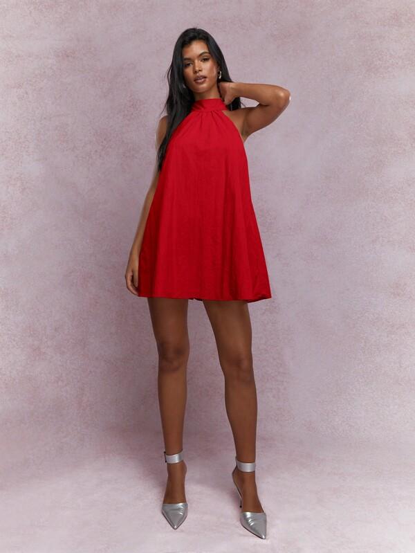 MISSGUIDED Music Festival Halter Neck Textured A Line Mini Dress Cute Sundress