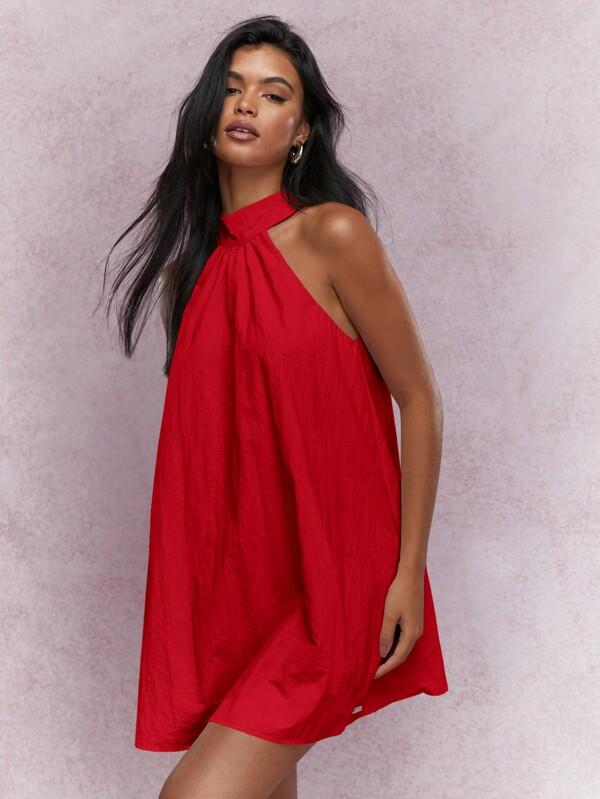 MISSGUIDED Music Festival Halter Neck Textured A Line Mini Dress Cute Sundress