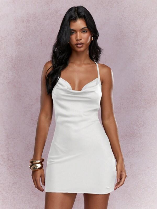 MISSGUIDED Music Festival Satin Cowl Neck Backless Cami Mini Dress Cute Sundress