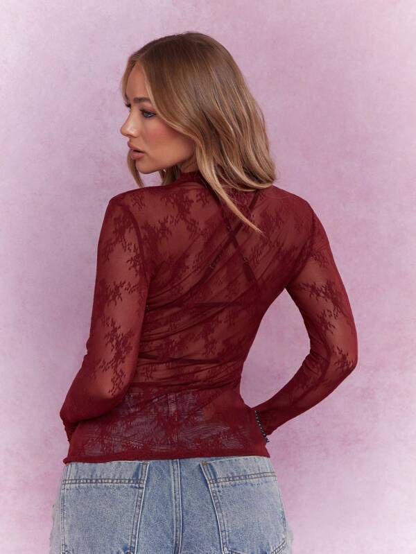 MISSGUIDED Music Festival Sheer Lace Polo Neck Long Sleeves Top