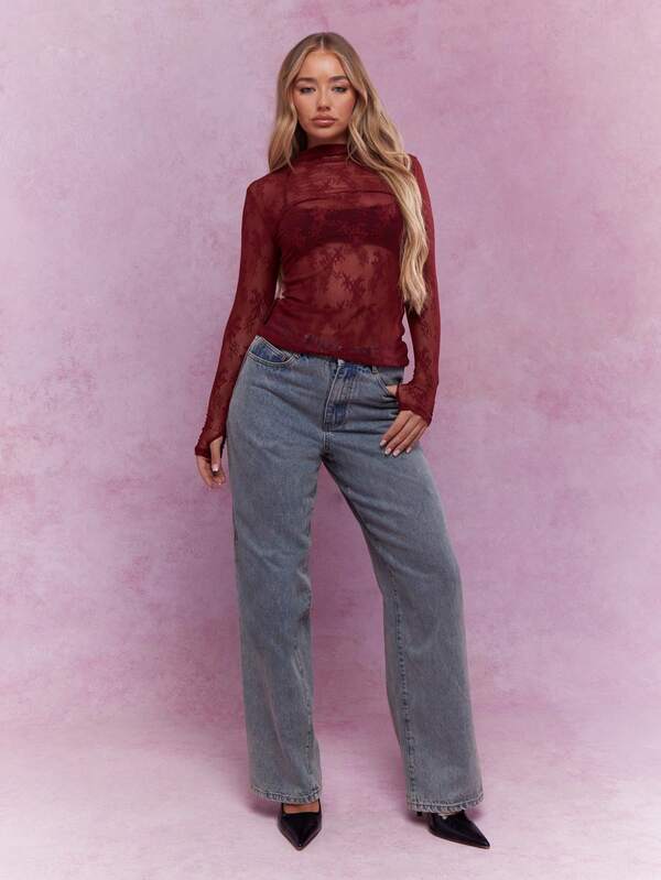 MISSGUIDED Music Festival Sheer Lace Polo Neck Long Sleeves Top